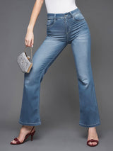 Women's Light Blue Wide Leg Mid Rise Clean Look Regular Length Denim Jeans