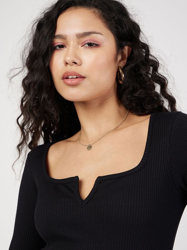 Women's Black Rib V-Neck Top
