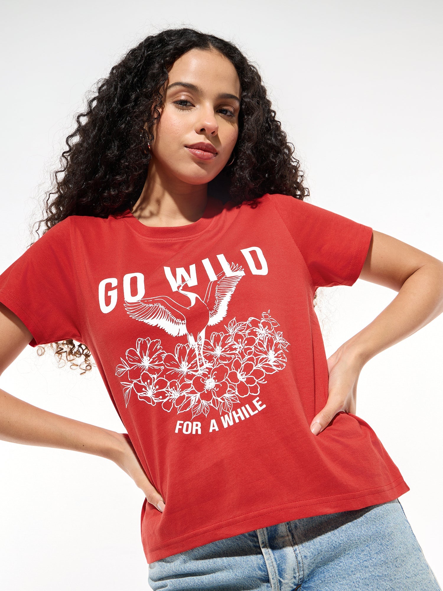 Women's Red Casual Printed Half Sleeves Tshirt