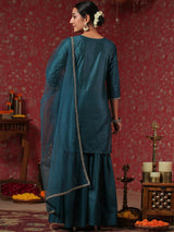 Women's Ethnic Blue Straight Poly Silk Kurta Set with Dupatta