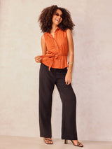 Women's Rust Sleeveless Shirt With Pocket And Tie Up Detail