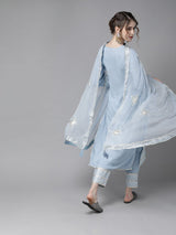 Women's Blue Silver Pure Silk Striped Kurta Set with Gotta Patti Detail