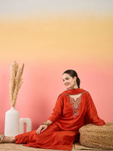Women's Rust Gracefully Beaded Yoke Kurta Paired with Solid Trouser and A Matching Dupatta