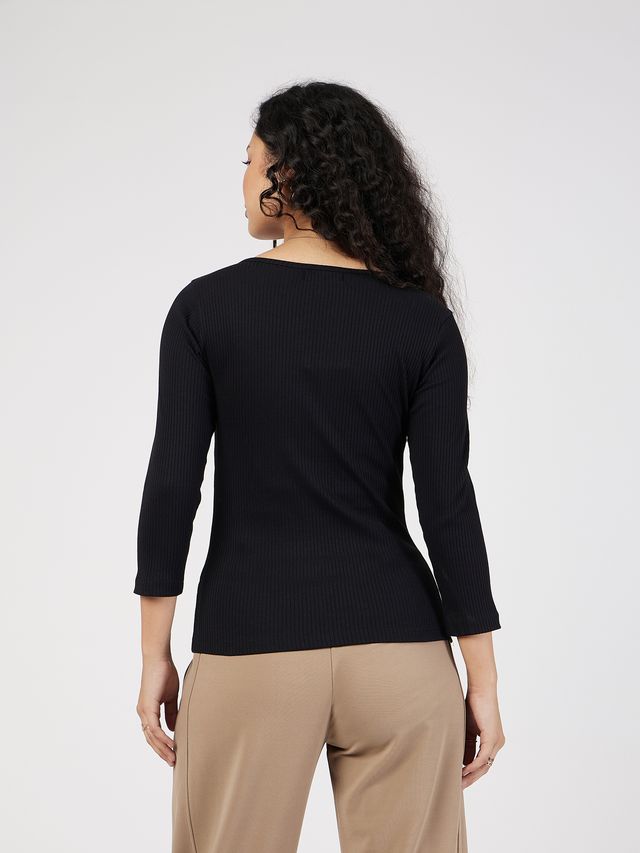 Women's Black Rib V-Neck Top