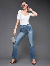 Women's Light Blue Wide Leg Mid Rise Clean Look Regular Length Denim Jeans