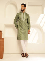 Men's Green Cotton Silk Long Kurta with Elegant Neck Embroidery