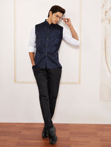 Men's Navy Silk Blend Jacquard Work Full Sleeves Nehru Jacket