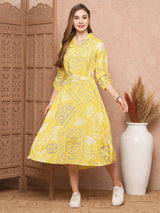 Women's Yellow Party Below Knee Three Quarter Sleeves Dress