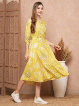 Women's Yellow Party Below Knee Three Quarter Sleeves Dress