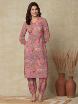 Women's Pink Daily Floral Three-Quarter Sleeves Kurta Sets
