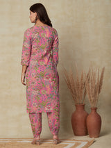 Women's Pink Daily Floral Three-Quarter Sleeves Kurta Sets