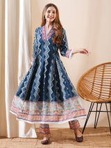 Women's Navy Daily Ethnic Motifs Three-Quarter Sleeves Kurta Sets