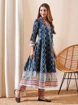 Women's Navy Daily Ethnic Motifs Three-Quarter Sleeves Kurta Sets