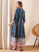 Women's Navy Daily Ethnic Motifs Three-Quarter Sleeves Kurta Sets