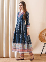 Women's Navy Daily Ethnic Motifs Three-Quarter Sleeves Kurta Sets