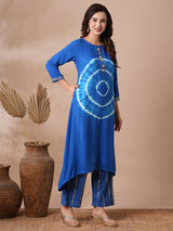 Women's Blue Daily Geometric Three-Quarter Sleeves Kurta Sets