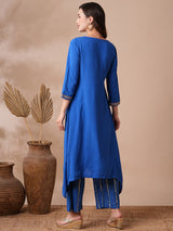 Women's Blue Daily Geometric Three-Quarter Sleeves Kurta Sets