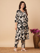 Women's Black Daily Floral Three-Quarter Sleeves Kurta Sets