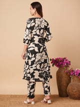 Women's Black Daily Floral Three-Quarter Sleeves Kurta Sets
