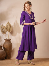 Women's Purple Casual Three Quarter Sleeves Co-ords Set