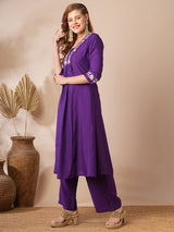 Women's Purple Casual Three Quarter Sleeves Co-ords Set