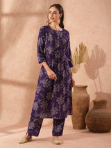 Women's Purple Casual Three Quarter Sleeves Co-ords Set