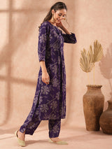 Women's Purple Casual Three Quarter Sleeves Co-ords Set