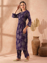 Women's Purple Casual Three Quarter Sleeves Co-ords Set