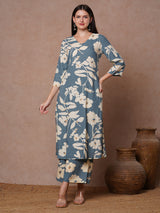 Women's Blue Casual Three Quarter Sleeves Co-ords Set