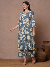 Women's Blue Casual Three Quarter Sleeves Co-ords Set