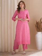 Women's Pink Casual Three Quarter Sleeves Co-ords Set