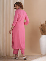 Women's Pink Casual Three Quarter Sleeves Co-ords Set