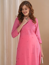 Women's Pink Casual Three Quarter Sleeves Co-ords Set