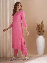 Women's Pink Casual Three Quarter Sleeves Co-ords Set