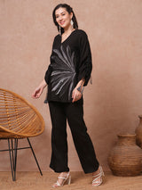 Women's Black Casual Three Quarter Sleeves Co-ords Set