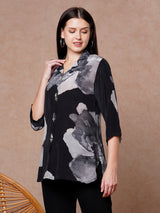 Women's Black Daily Printed Three Quarter Sleeves Kurti