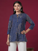 Women's Blue Daily Embroidered Three Quarter Sleeves Kurti