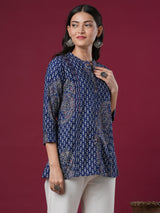 Women's Blue Daily Embroidered Three Quarter Sleeves Kurti