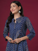 Women's Blue Daily Embroidered Three Quarter Sleeves Kurti