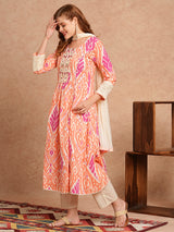 Women's Pink Festive Ethnic Motifs Three-Quarter Sleeves Kurta Sets
