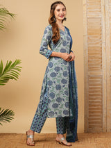 Women's Blue Festive Floral Three-Quarter Sleeves Kurta Sets