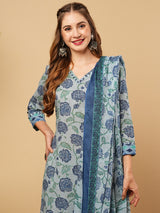Women's Blue Festive Floral Three-Quarter Sleeves Kurta Sets
