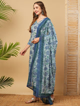 Women's Blue Festive Floral Three-Quarter Sleeves Kurta Sets