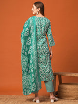 Women's Green Festive Abstract Three-Quarter Sleeves Kurta Sets
