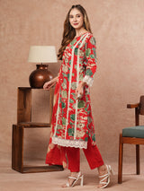 Women's Red Festive Floral Three-Quarter Sleeves Kurta Sets