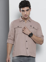 Men Slim Fit Placement Print Full Sleeves Cutaway Collar Double Flap Pocket Casual Over Shirt