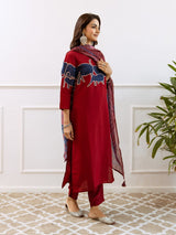 Women's Red Cotton 3 Pieces Kurta Set