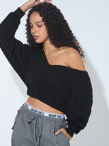Women's Black Casual Oversized Fit Solid Full Sleeves Cropped Sweatshirt