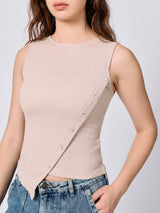 Women's Beige Textured Assymetric Hem Tank