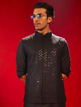 Men's Black Silk Blend Embroidered Sequinned Full Sleeves Nehru Jacket
